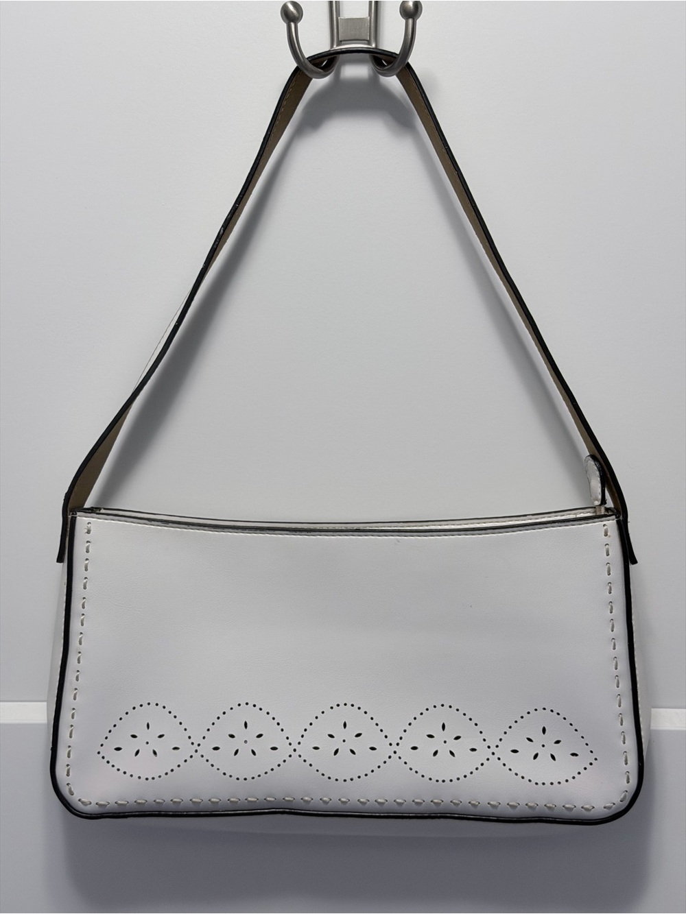 Mondani White Leather Shoulder Bag with Perforated Detail